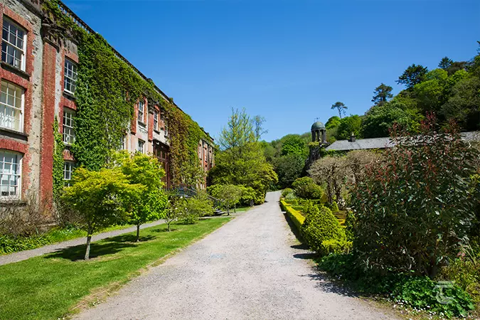 A gravel path leading through the gardens of Bantry House.