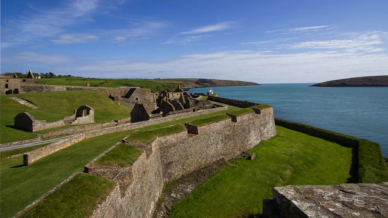 Charles Fort overlooks Kinsale Harbour with seaward openings along the fortification