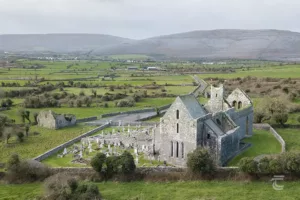 Aerial view of Corcomroe Abbey in the Burren of County Clare