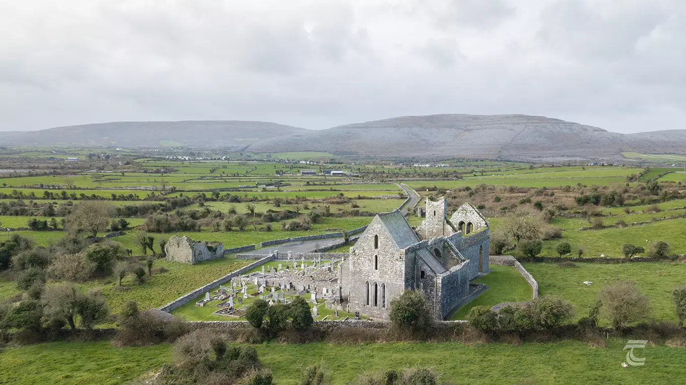 An aerial view of Corcomroe Abbey in the Burren of County Clare