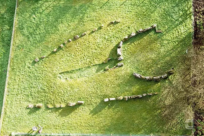 Aerial view of Dooeys Cairn a megalithic tomb in county antrim northern ireland on the causeway coast