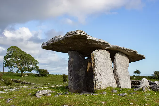 Poulnabrone Dolmen stands in The Burren, County Clare on the Wild Atlantic Way