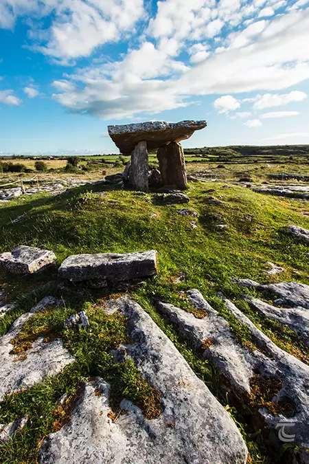 Poulnabrone Dolmen stands in the karst limestone landscape of the The Burren.