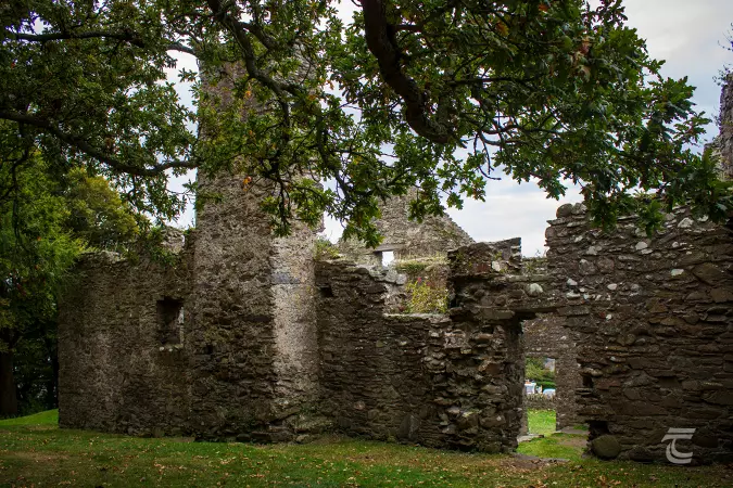 Walls of a 17th century construction at the castle with overhanging trees