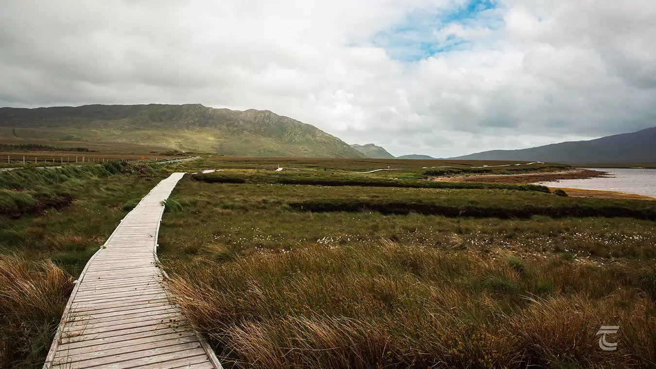a wooden walkway through the blanket bog system of Ballycroy/Wild Nephin National Park in Mayo, on Ireland's Wild Atlantic Way