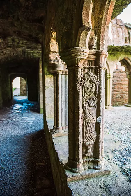A stone column in Bective Abbey depicting St Bernard of Clairvaux