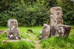 Two stone idols in Caldragh Cemetery, Boa Island, Fermanagh