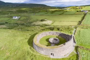 Aerial view of Cahergal Stone Fort, surrounded by fields in Kerry.