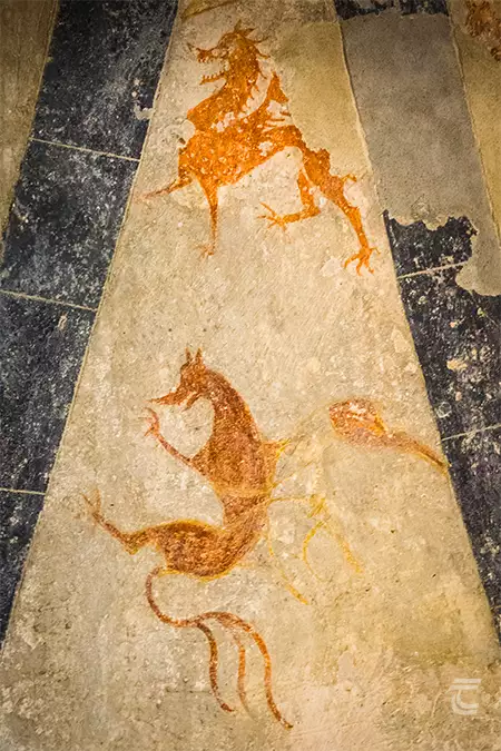 Medieval paintings of two dragons, on the ceiling of Clare Island Abbey