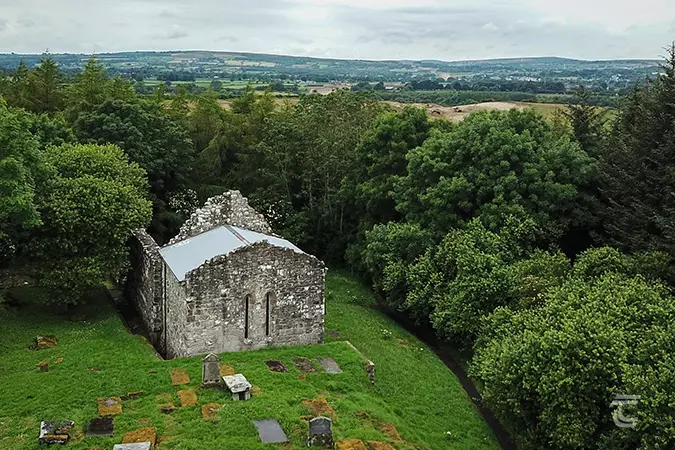Aerial view of Dungiven Priory, Derry