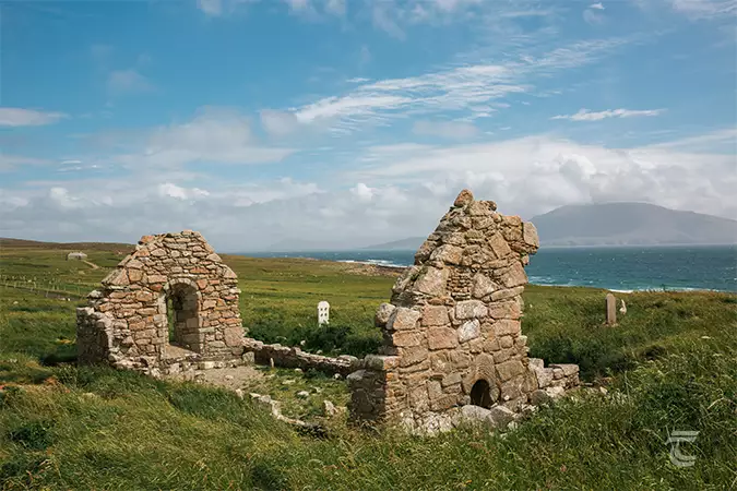 The ruins of Fallmore Church, Mayo. Constructed in pink granite, and situated on the Mullet Peninsula, on Ireland's Wild Atlantic Way.