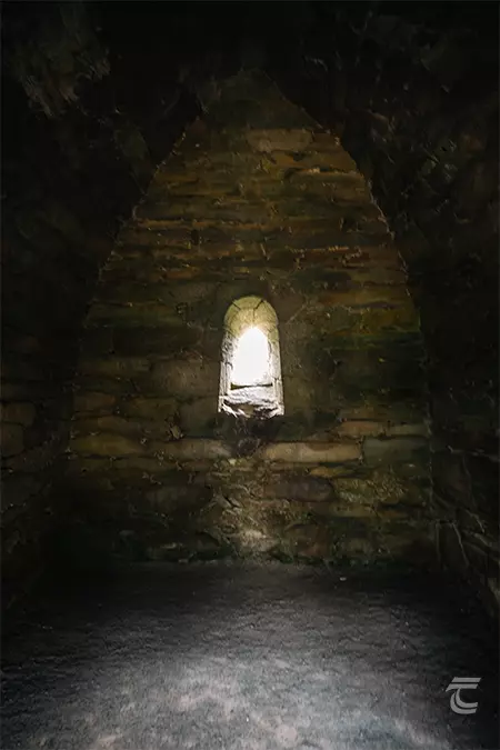 Internal view from the drystone church to the entranceway, at Gallarus Oratory, Kerry