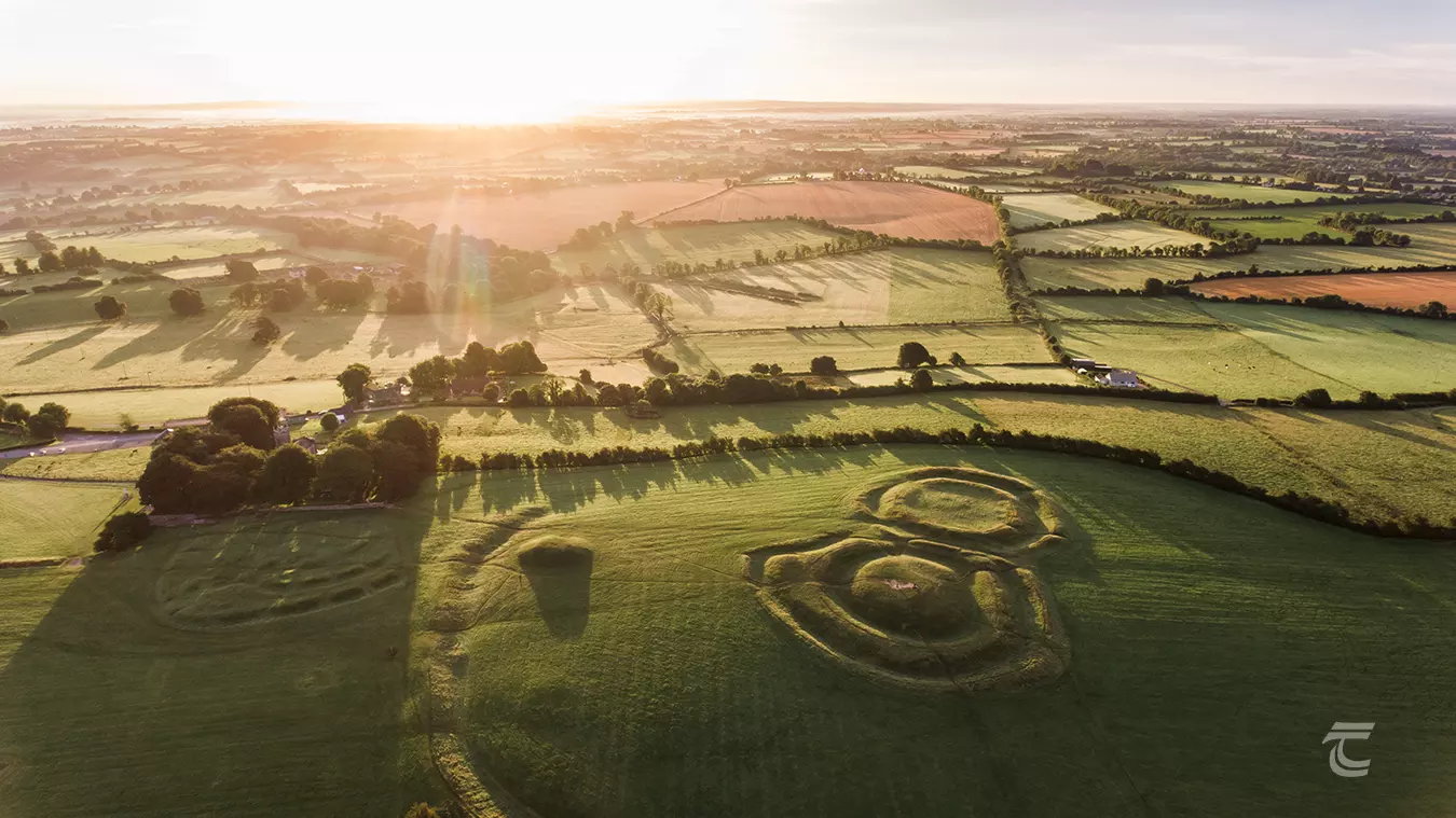 Aerial view of the Hill of Tara at sunset
