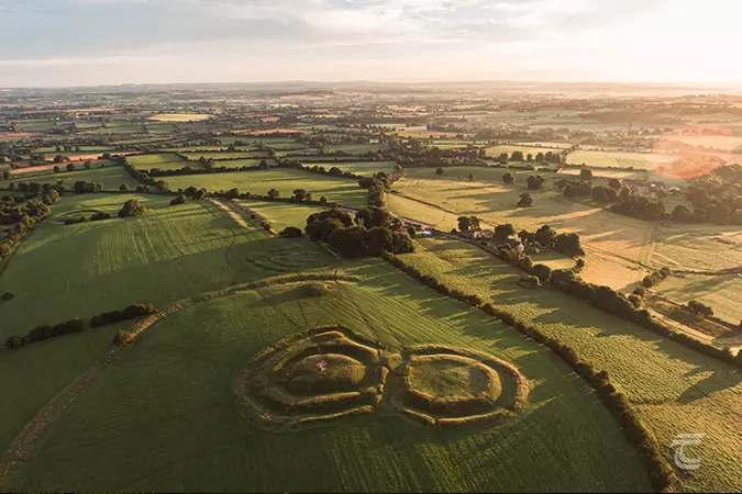Aerial view of the Hill of Tara at Sunset