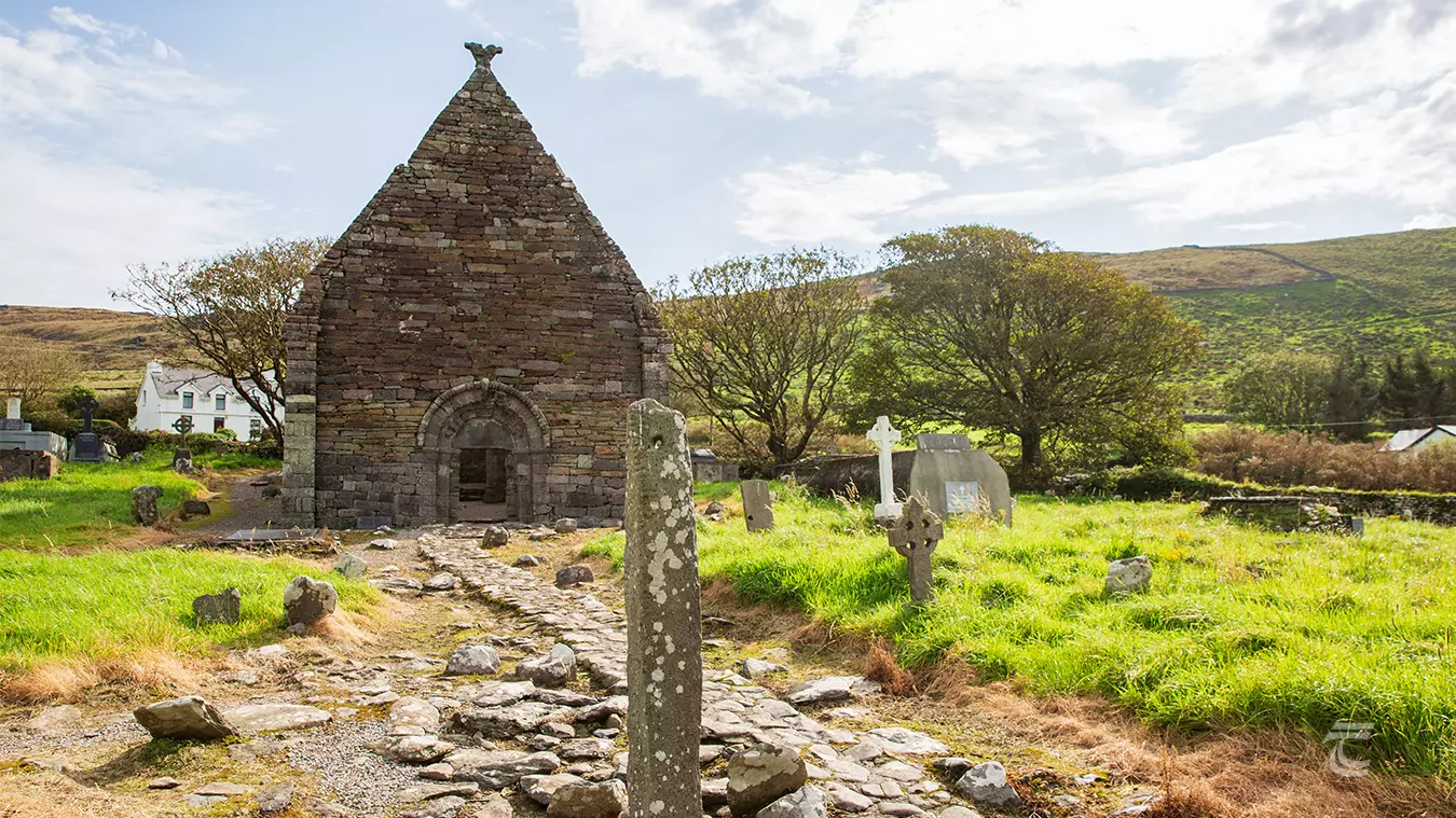 12th century church and ogham stone at Kilmakedar