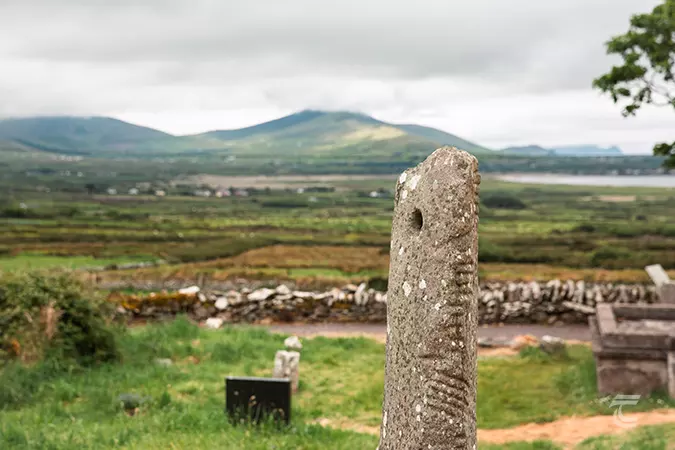 Ogham stone in the graveyard of Kilmalkedar Church, Kerry.