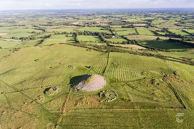 Aerial view of the Loughcrew Cairns in the Boyne Valley, Meath, in Ireland's Ancient East. The largest megalithic tomb, Cairn T, is adjacent to satellite tombs.