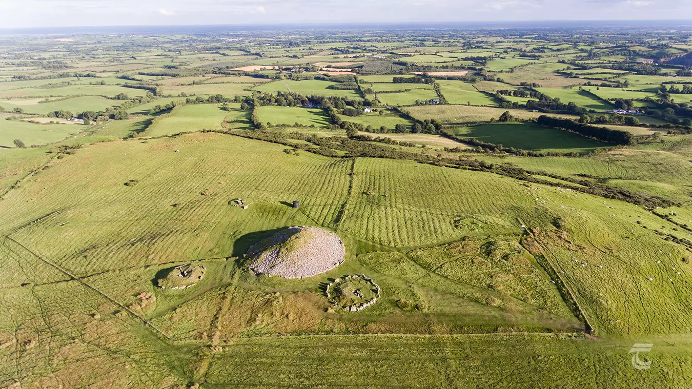 Aerial view of the Loughcrew Cairns in the Boyne Valley, Meath. The largest megalithic tomb, Cairn T, is adjacent to satellite tombs.