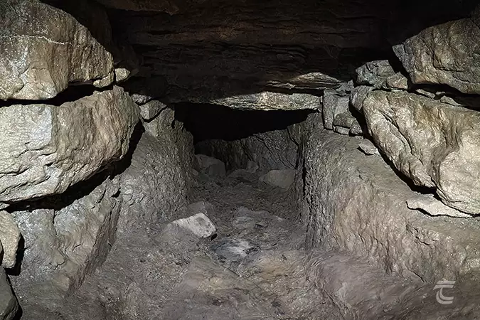 The narrow souterrain inside Oweynagat Cave, Roscommon