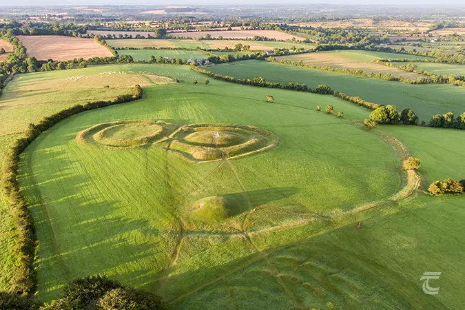 Aerial view of the large enclosure known as Ráith na Rí on the Hill of Tara