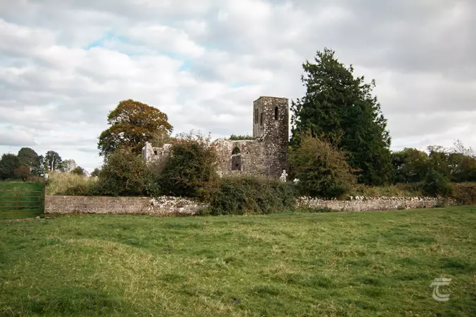 A ground-level view of Rathmore Church and its enclosure, in Meath., Ireland's Ancient East.