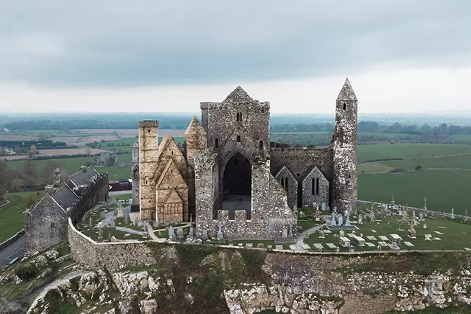 A low aerial view of The Rock of Cashel in County Tipperary