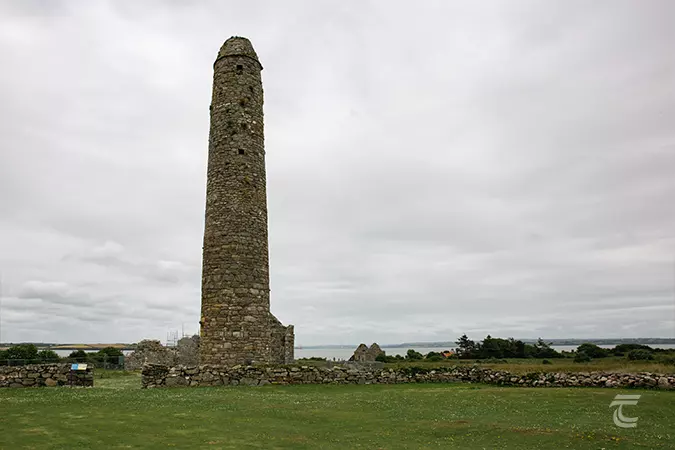 Scattery Round Tower with the sea visible beyond