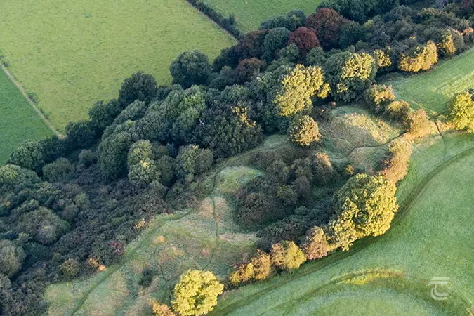 Aerial view of the gorse and tree covered Cloenferta or Sloping Trenches