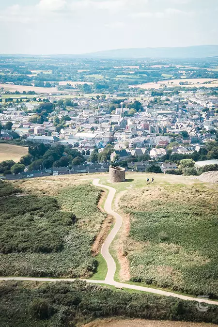 low aerial view of Vinegar Hill overlooking Enniscorthy, Wexford