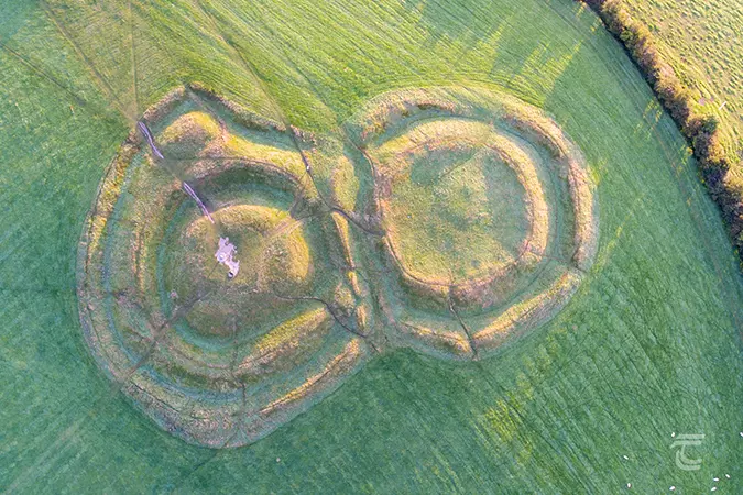 Aerial view of the conjoined enclosures of Tech Cormaic also known as Cormac's House, and the Forradh on the Hill of Tara