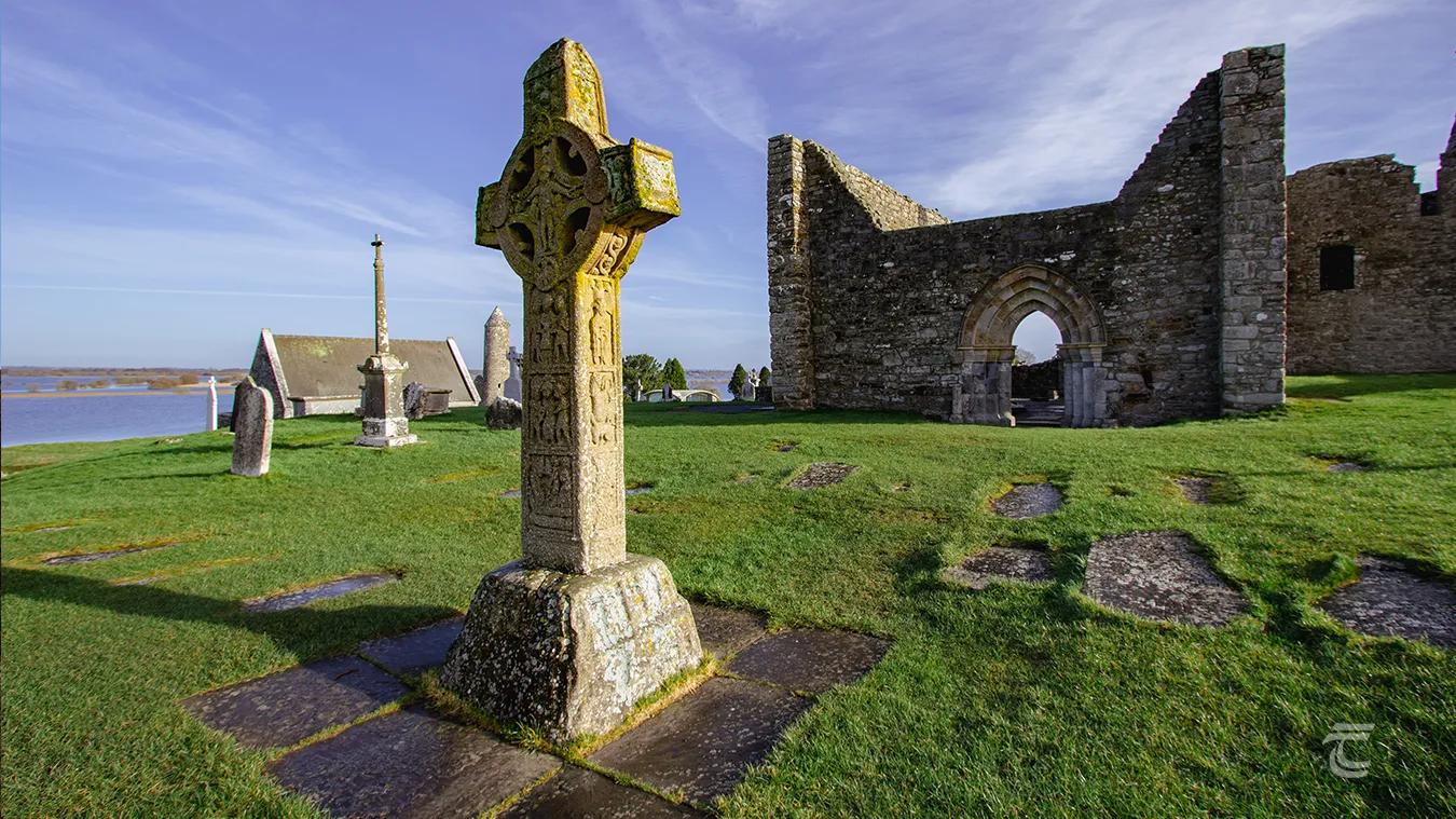 The cross of the scriptures in front of the cathedral at Clonmacnoise Offaly the highlight of Irelands Hidden Heartlands