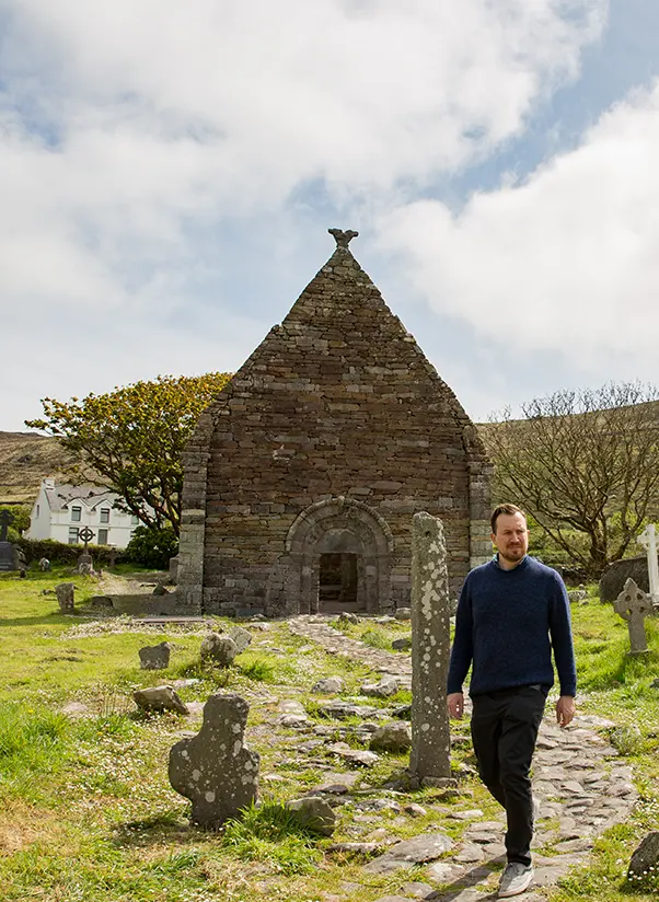 Neil Jackman of Abarta Heritage and Tuatha at Kilmalkedar Church on the Dingle Peninsula