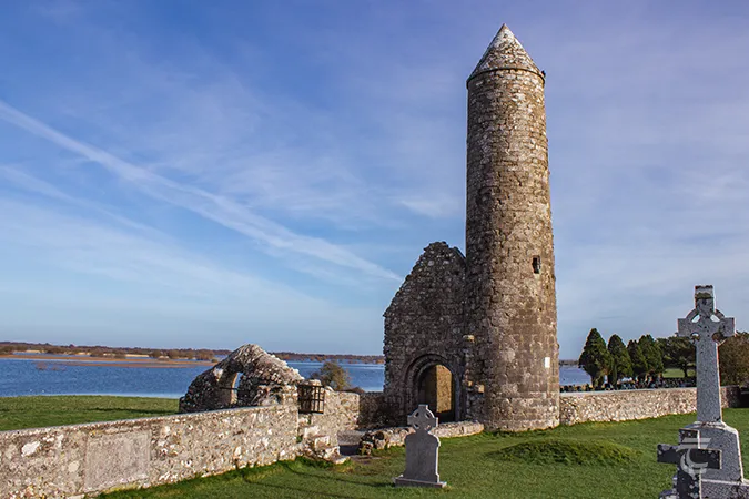 Temple Finghin and the adjacent Round Tower at Clonmacnoise Offaly