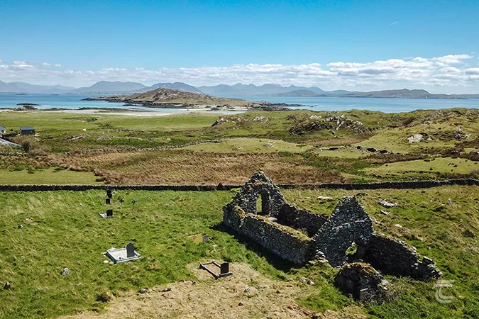 Aerial view of St Colman's Monastery on Inishbofin Island off the coast of Galway on the Wild Atlantic Way