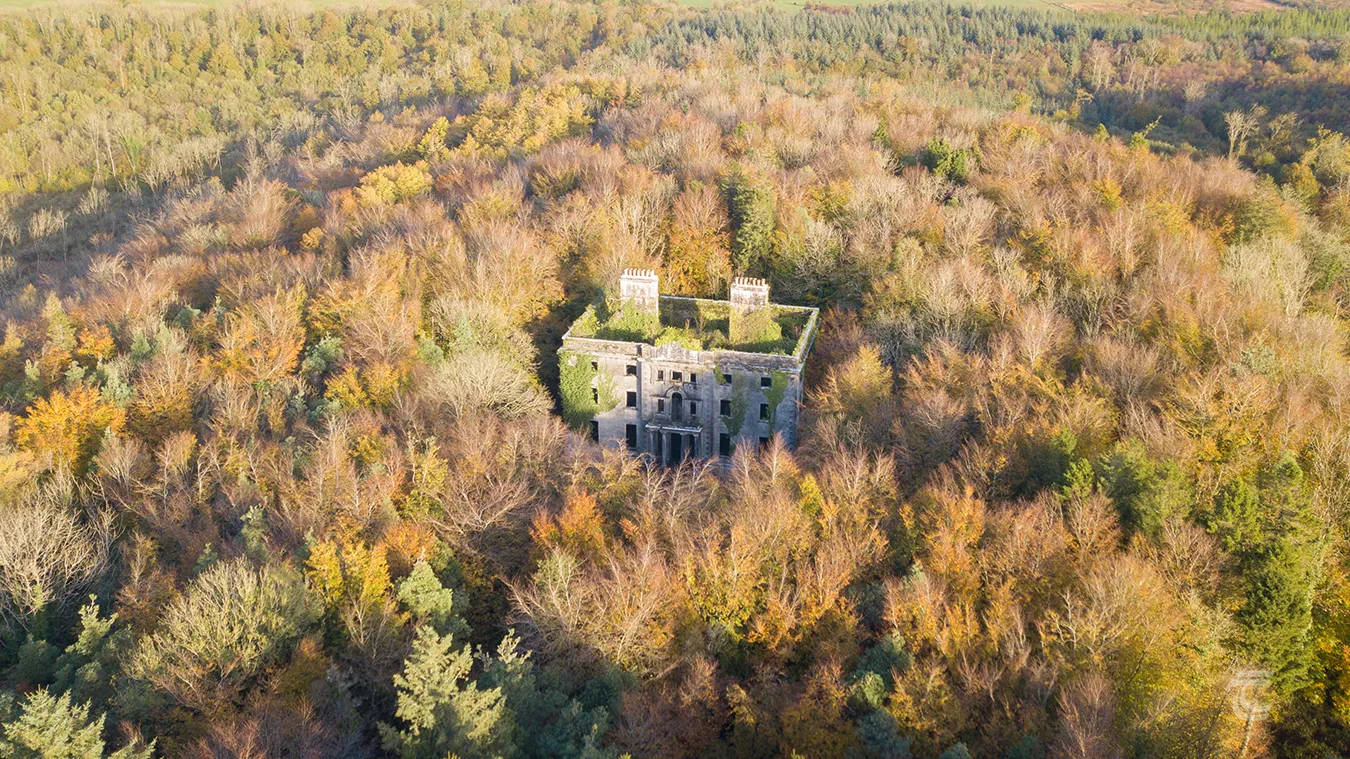 Aerial view of Moore Hall in the Autumn