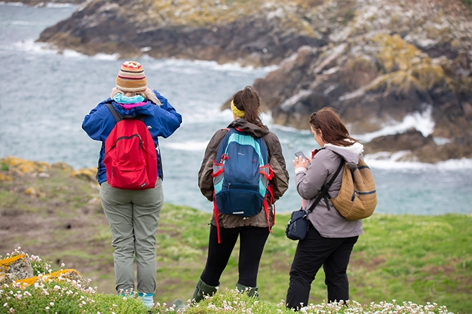 Discover Ireland with Tuatha. This picture of a tour shows three women stand overlooking the Irish Sea on the Great Saltee Island off the Coast of Wexford