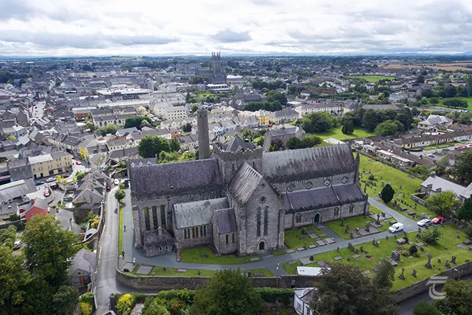 Aerial view of St Canice's Cathedral and Round Tower Kilkenny Ireland
