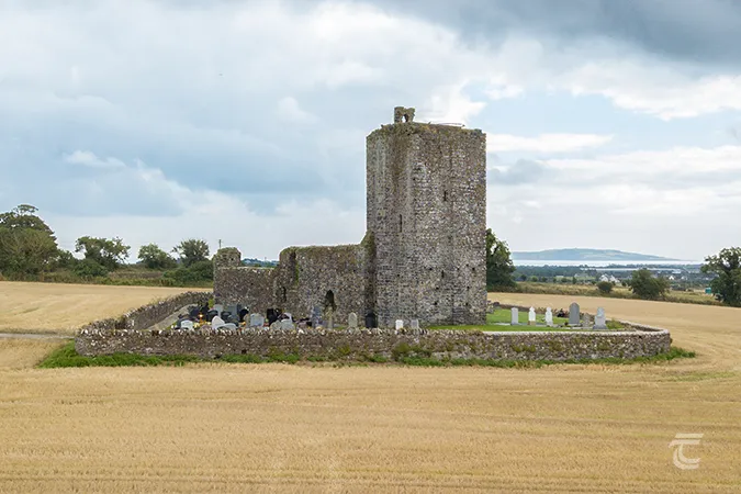 An aerial view of the medieval ruins of Baldongan Church and Castle in Fingal North County Dublin Ireland