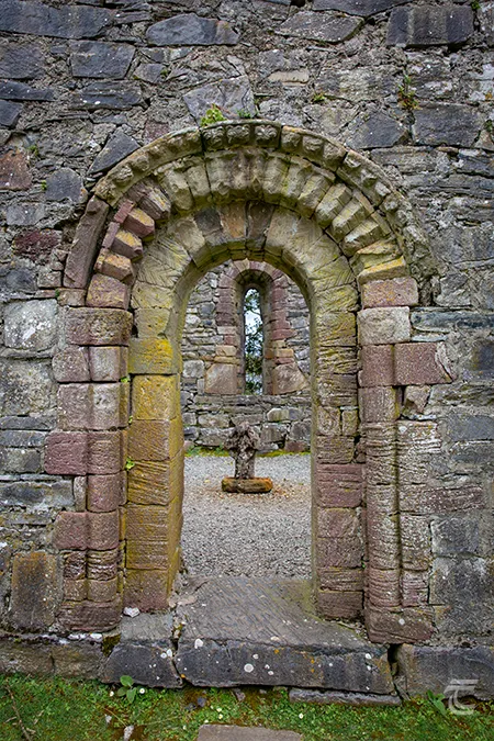 A hiberno romanesque doorway into the oratory or church on Innisfallen Island