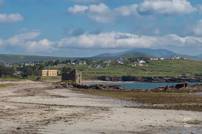 A view of Ballinskelligs Castle from Ballinskelligs Priory on the Ring of Kerry