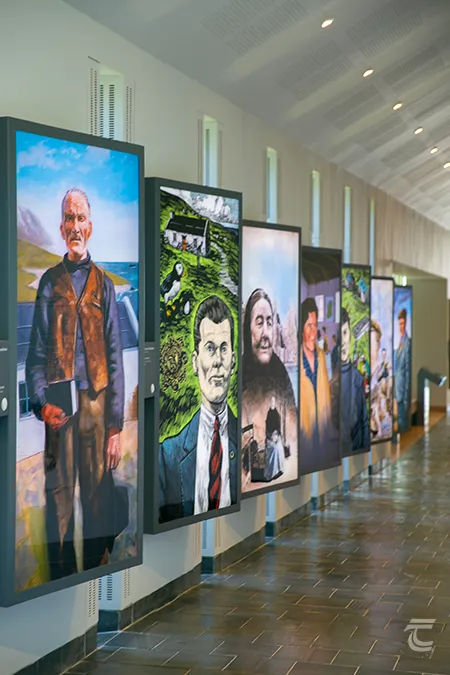 Portraits of the Blasket Island writers like Peig Sayers, Tomás Ó Criomhthain and Muiris Ó Súilleabháin in the Blasket Centre