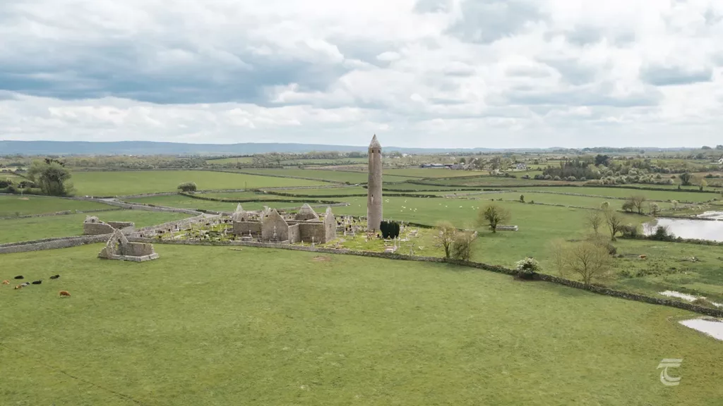 Aerial view of Kilmacduagh Monastery and the landscape of the borderlands between County Clare and County Galway