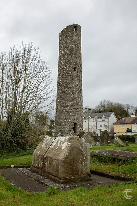 The tomb shrine and round tower at Clones Monaghan
