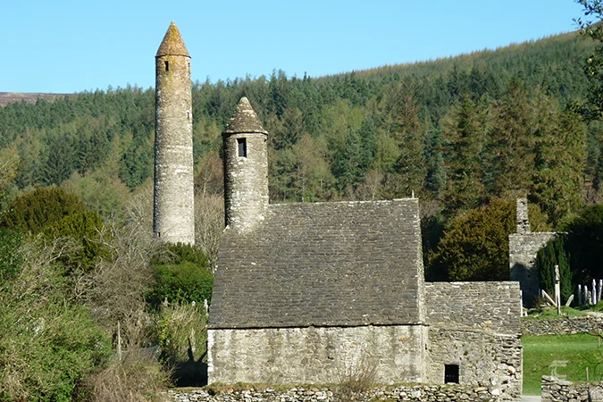 St Kevin's Church and the Round Tower at Glendalough Monastery