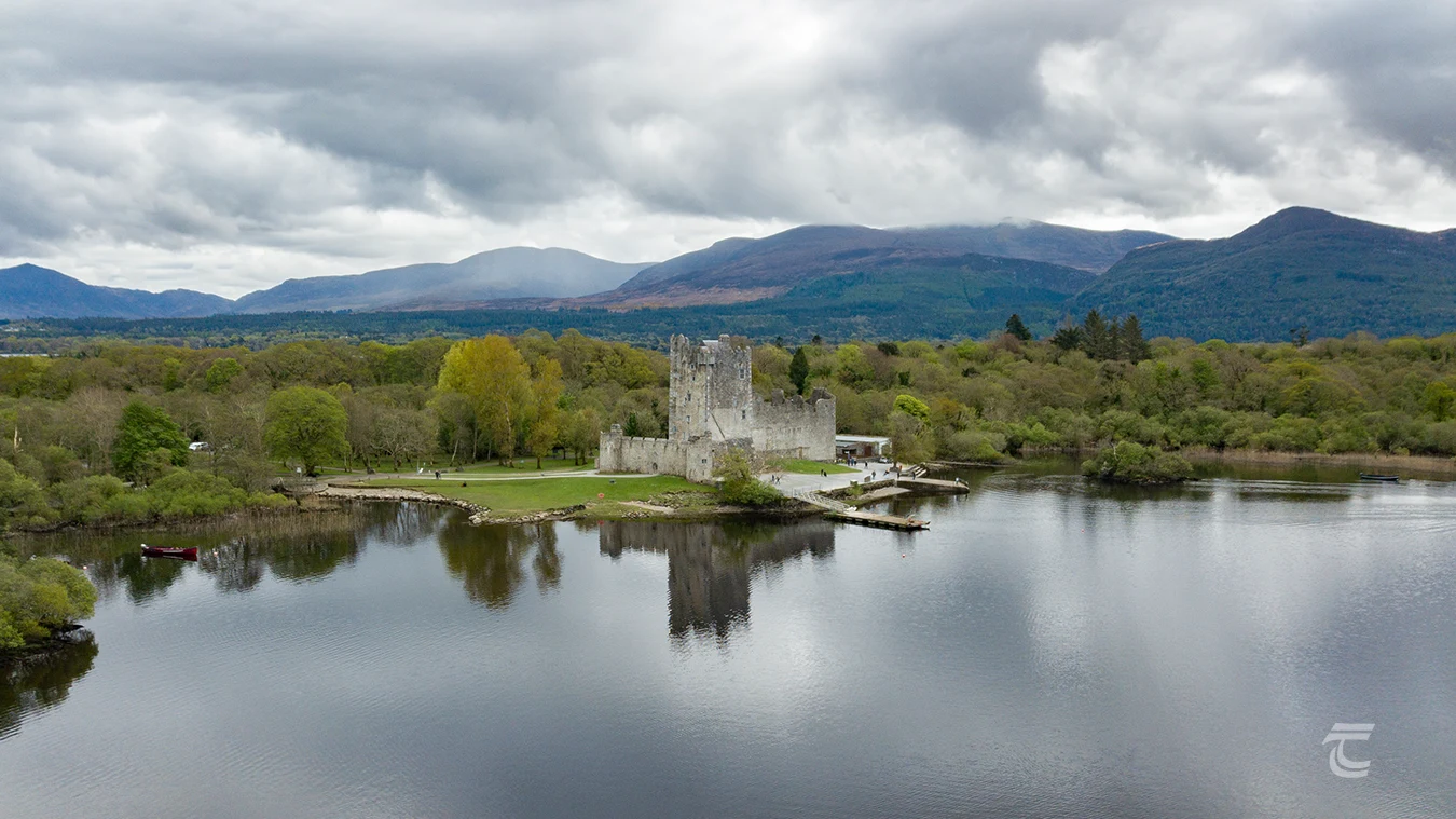 Aerial view of Ross Castle in Killarney National Park County Kerry